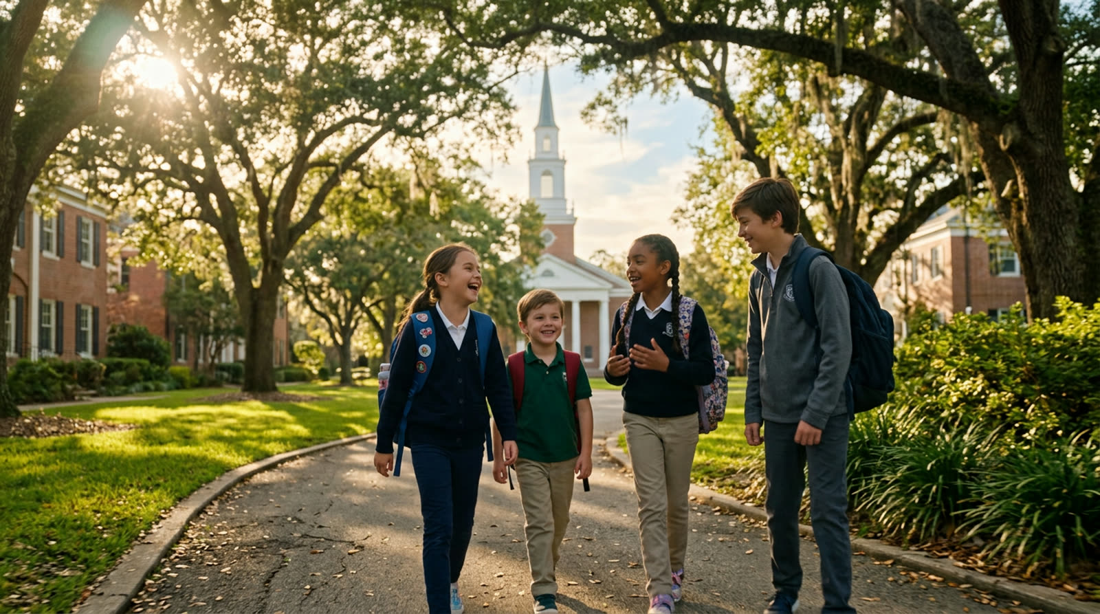Happy children walking together on a sunlit campus path