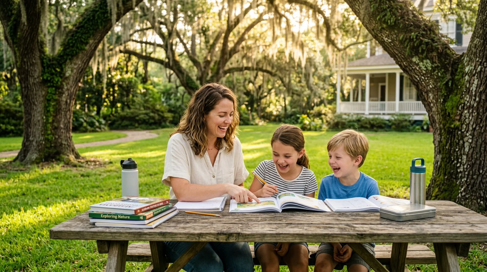 A mother and her children learning together at a picnic table under oak trees